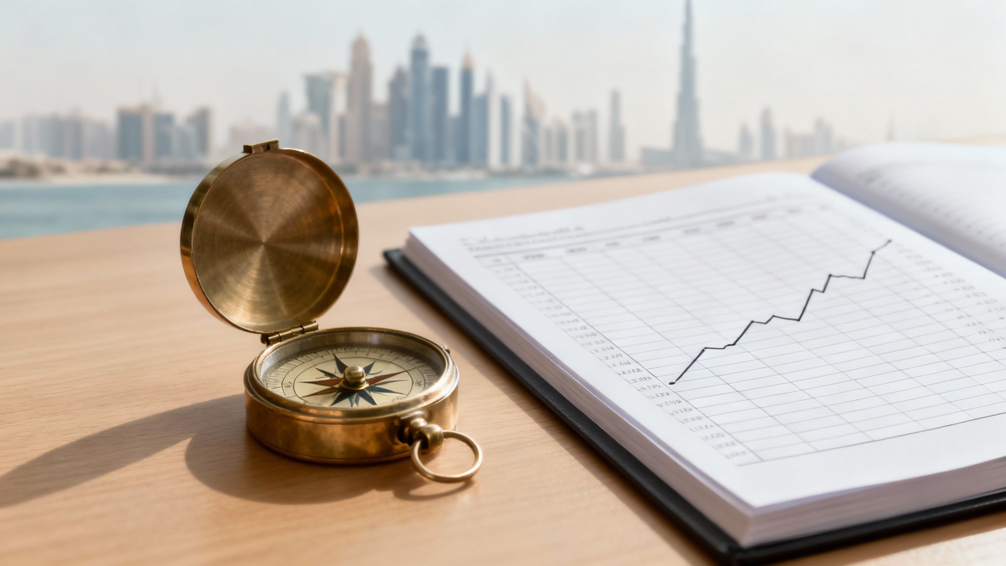 Golden compass and financial growth chart on desk with Dubai skyline background