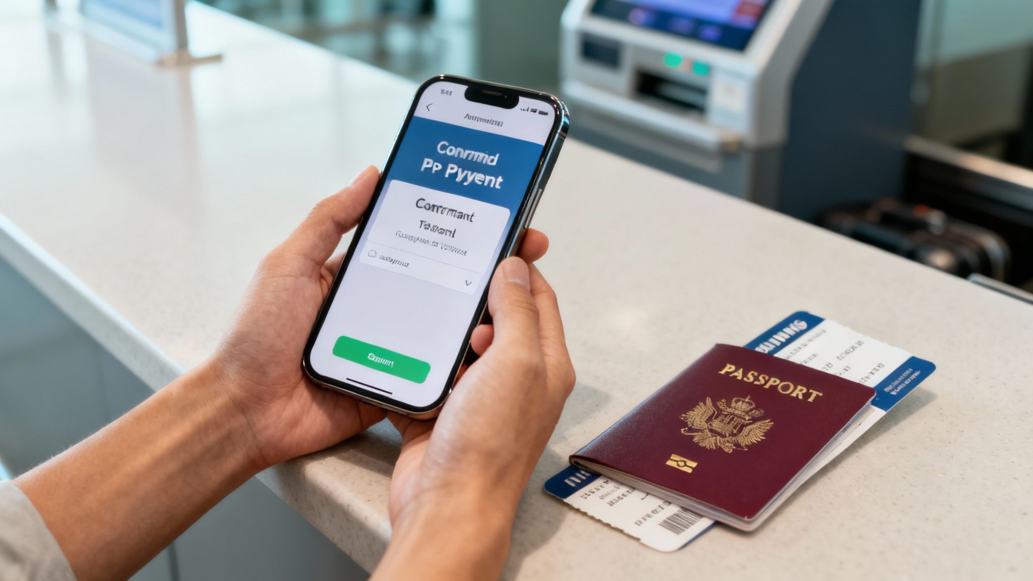 Close-up of hands holding a smartphone displaying payment confirmation, with passport and boarding passes on a counter.