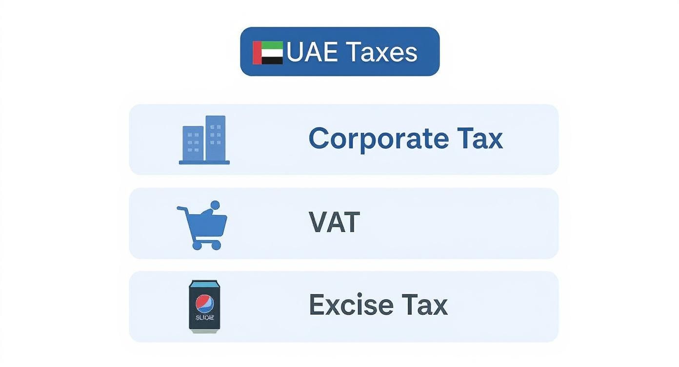 UAE Taxes overview showing three main categories: Corporate Tax, VAT, and Excise Tax with icons