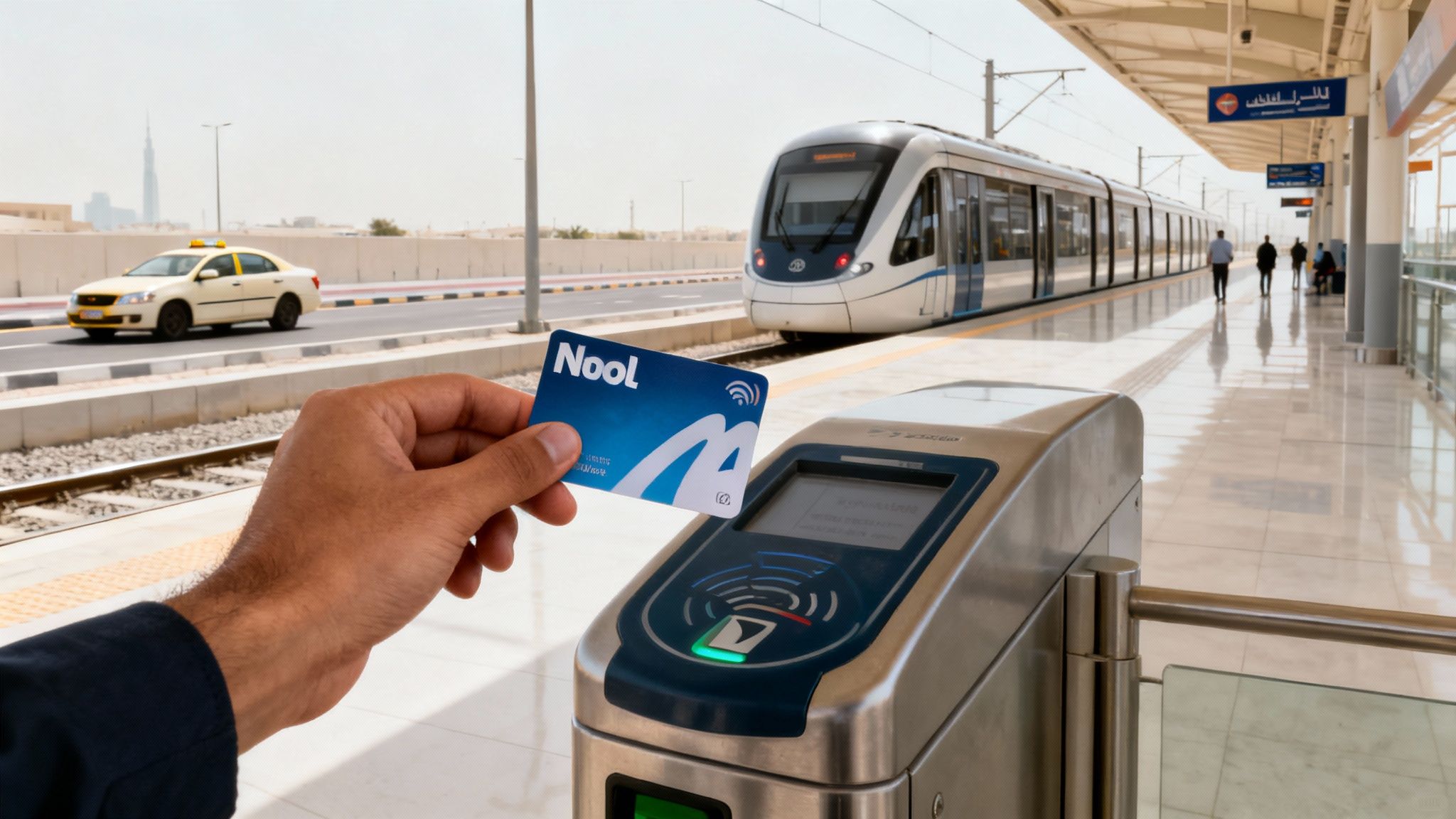 A person's hand holds a Nool card to tap at a Dubai metro station with a train and taxi.