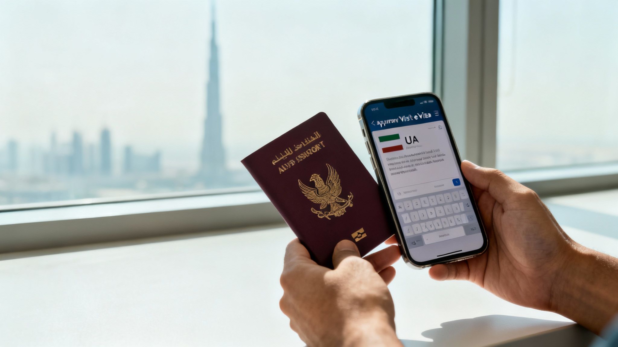 A person holds a passport and a smartphone displaying a visa application against a Dubai cityscape.