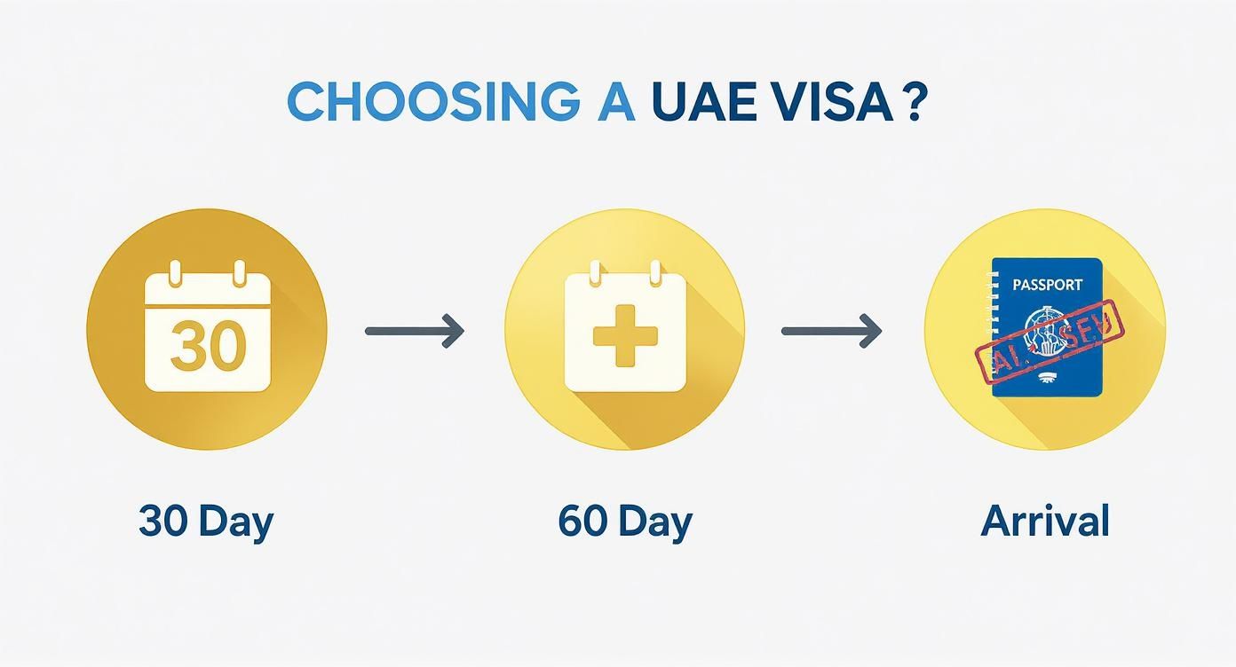 Infographic showing three UAE visa options: 30-day, 60-day, and visa on arrival for travel.