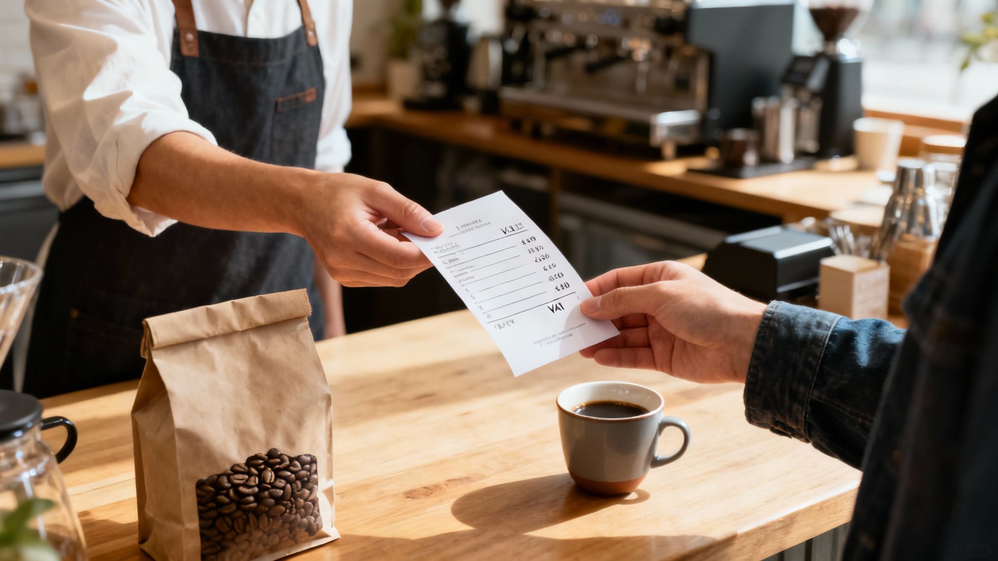 Barista handing customer receipt with VAT charges at coffee shop counter with beans