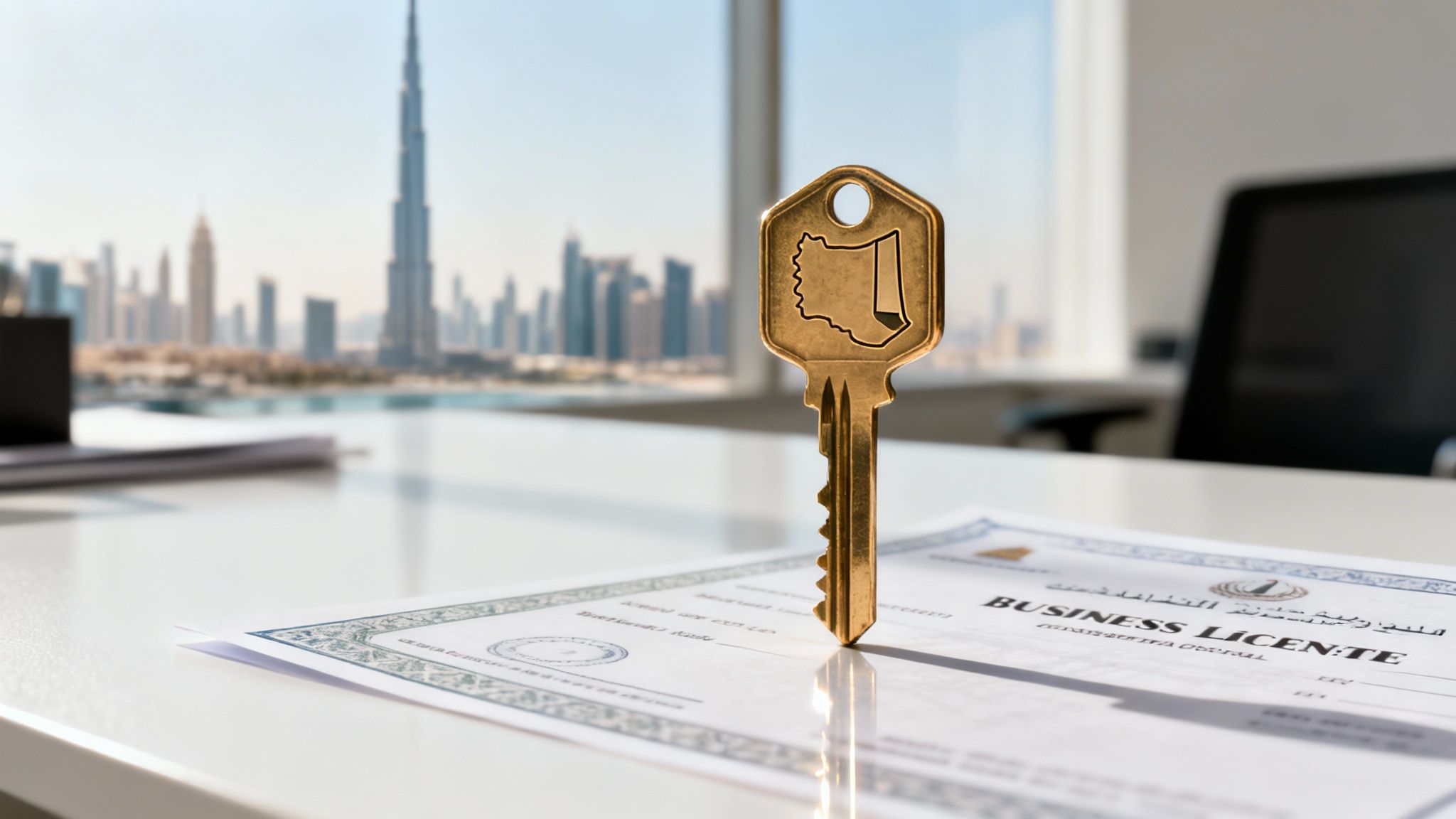A golden key with a map engraving stands on a business license, with the Dubai skyline visible through a window.