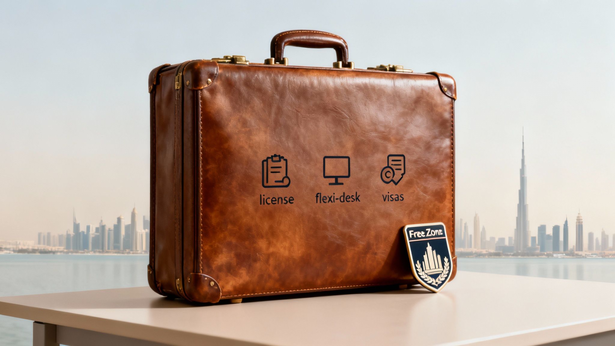 A brown leather briefcase with icons for license, flexi-desk, and visas, against a Dubai skyline.