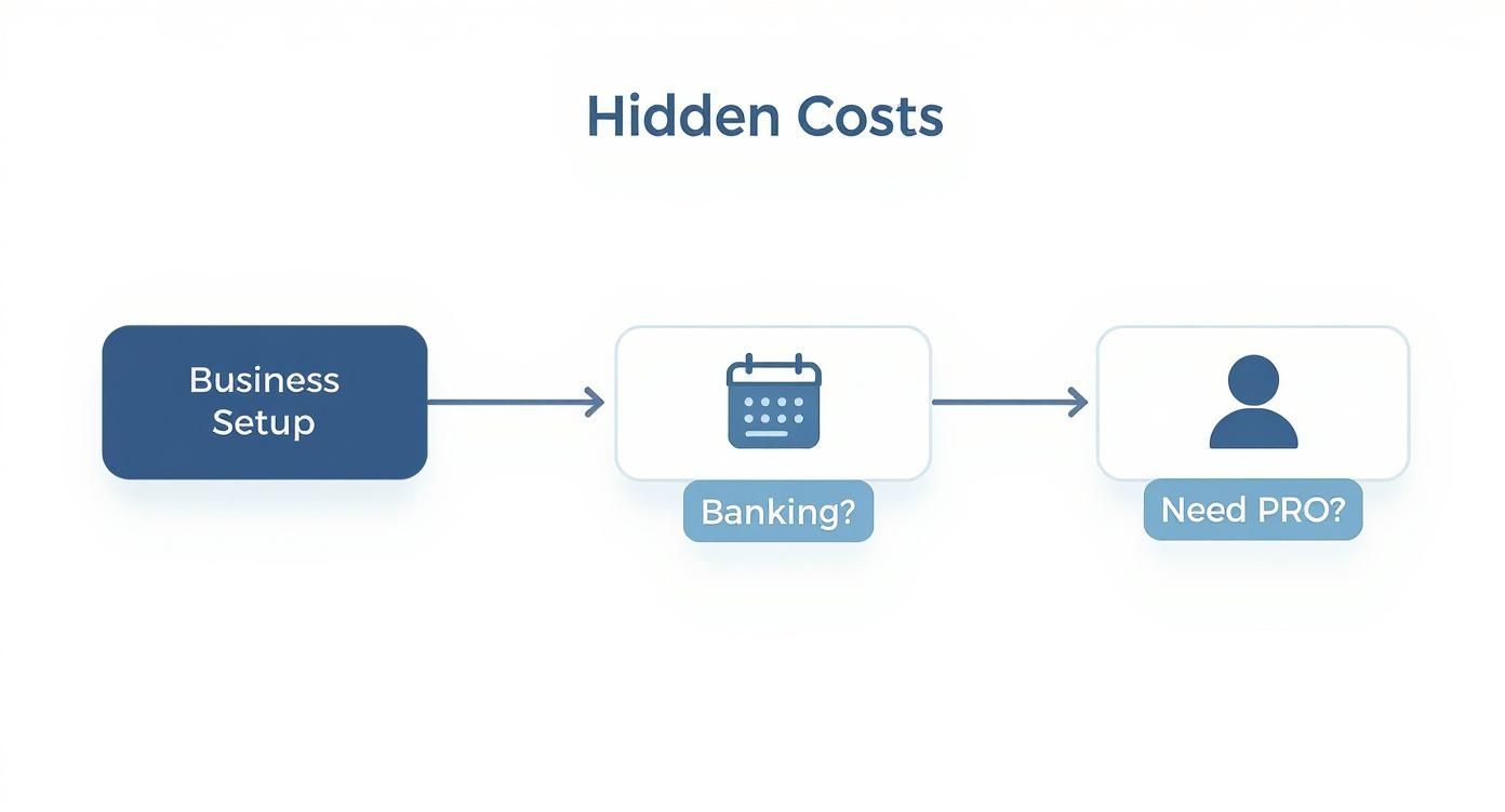A flowchart illustrating hidden costs in business setup, including banking and PRO services.
