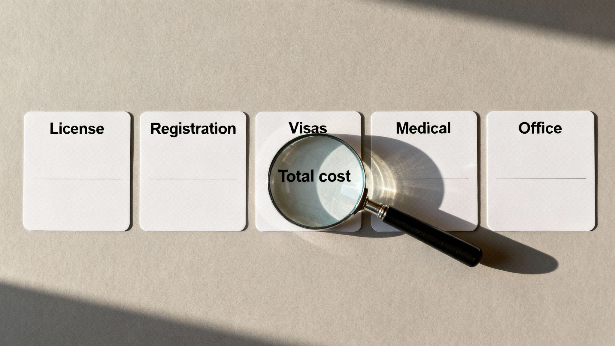 Magnifying glass over a 'Visas' card highlights 'Total cost' among 'License', 'Registration', 'Medical', and 'Office' cards.