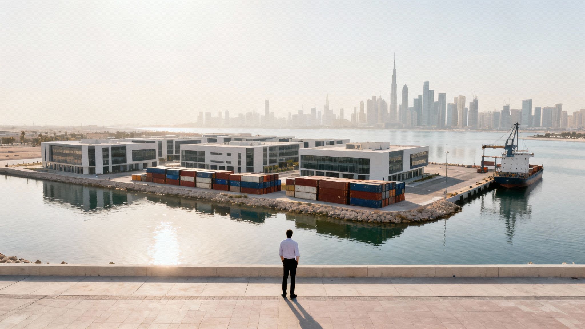 A man overlooks a modern port, Dubai skyline, and cargo containers from a waterfront promenade.