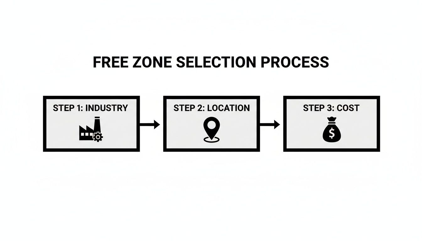 A diagram outlining the free zone selection process, detailing steps for industry, location, and cost.