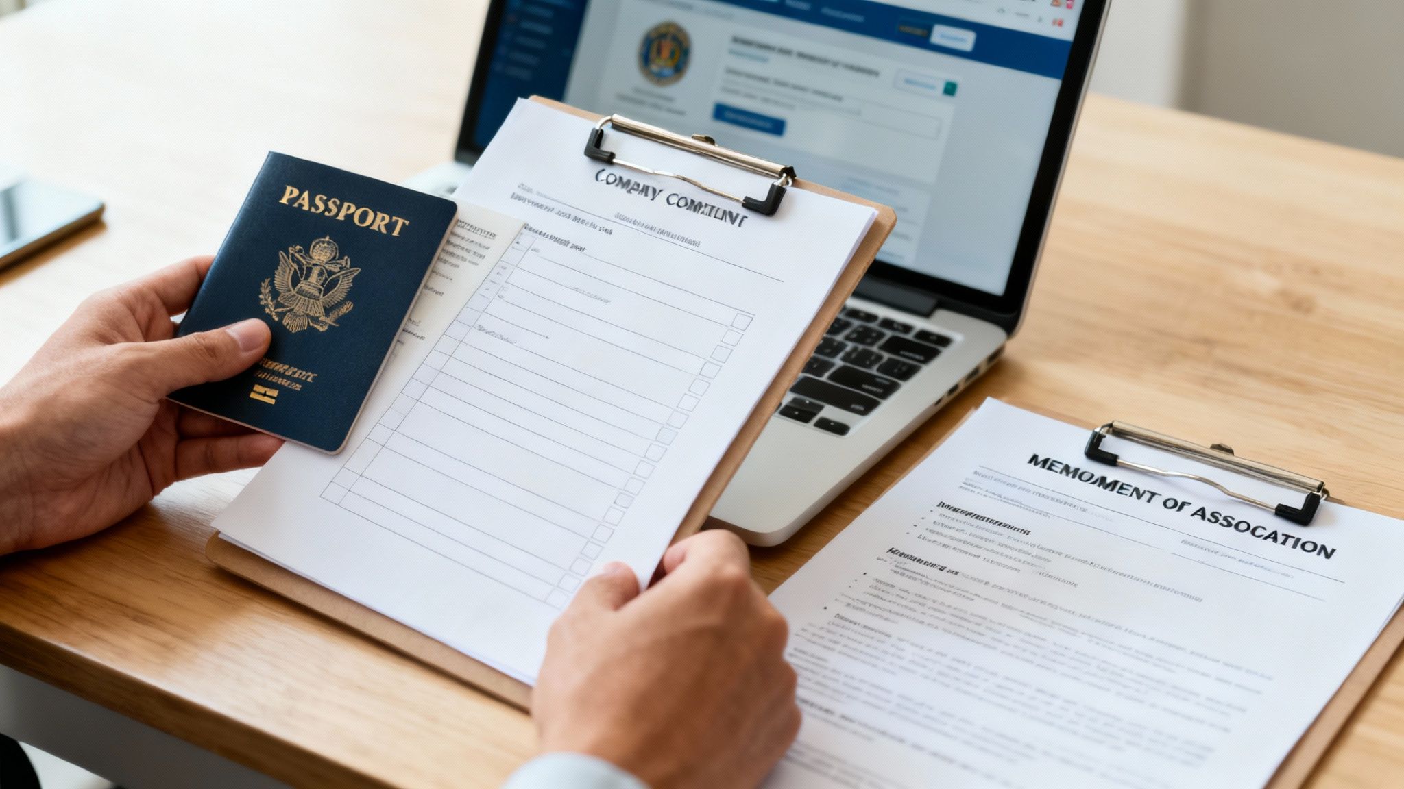 Person holding a US passport and a company complaint form, with a laptop and legal document on a desk.