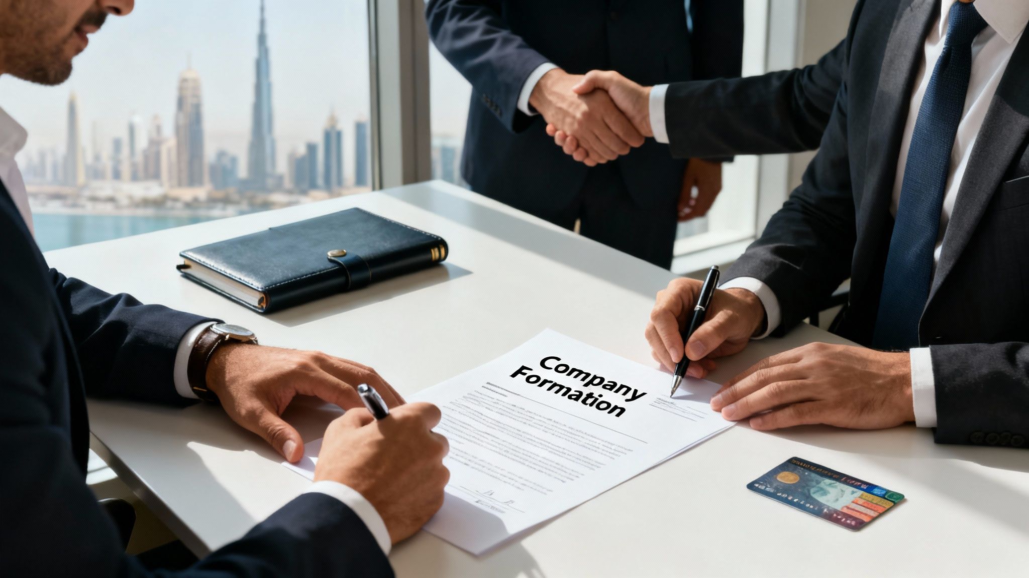 Two businessmen sign 'Company Formation' documents, one shakes hands, with a Dubai city view.