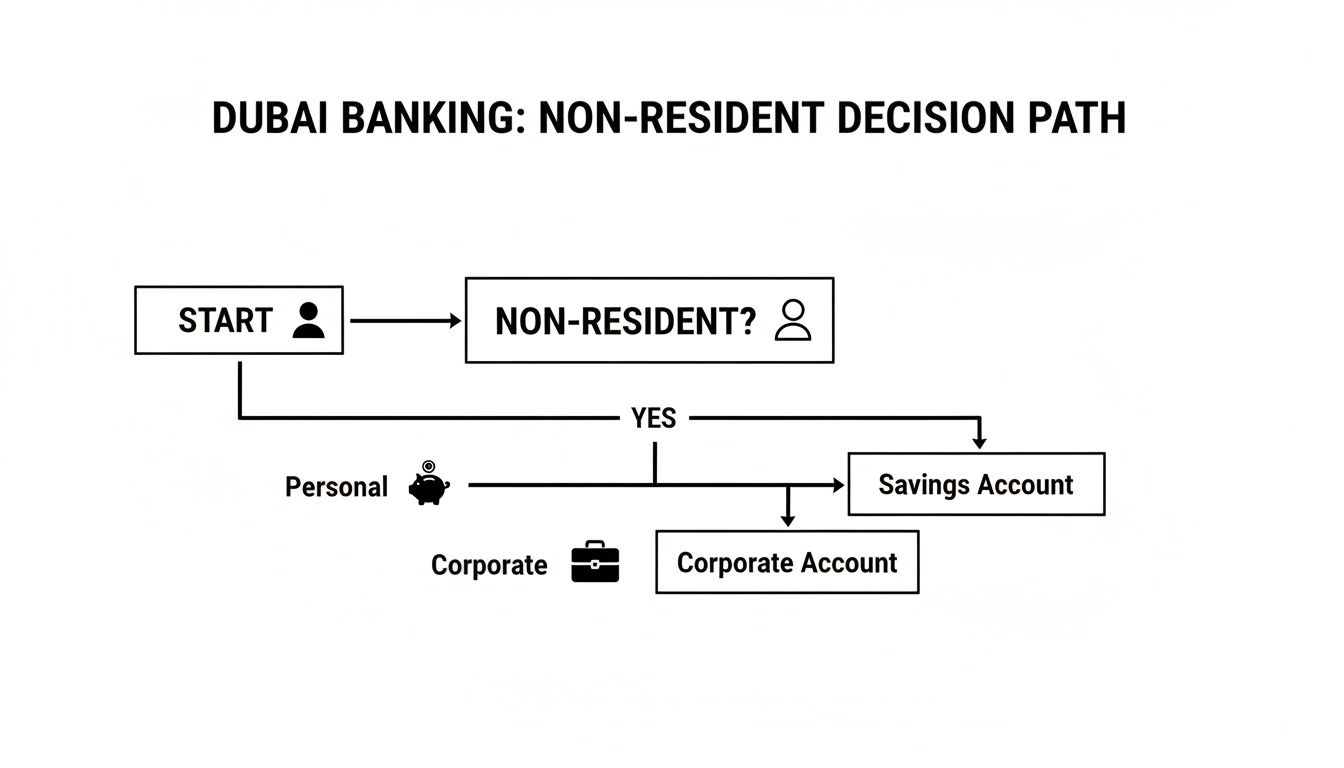 A flowchart outlining the Dubai banking decision path for non-residents, offering personal savings or corporate accounts.