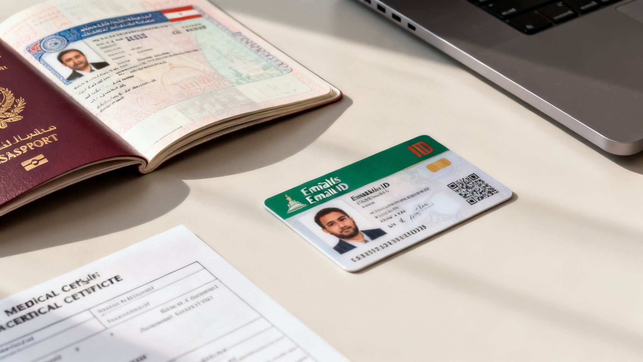 Table with essential documents like a passport, ID card, medical certificate, and a laptop.