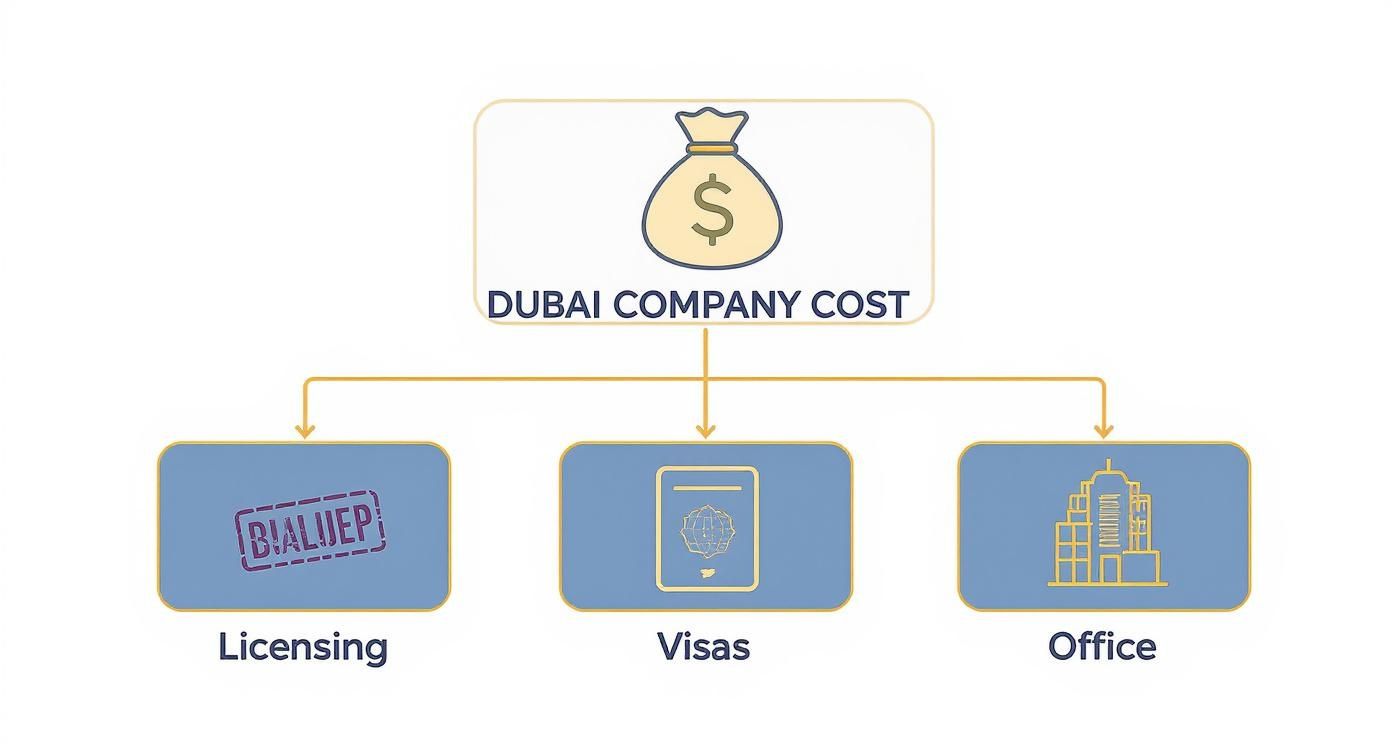 Diagram illustrating the breakdown of Dubai company costs, covering licensing, visas, and office expenses.