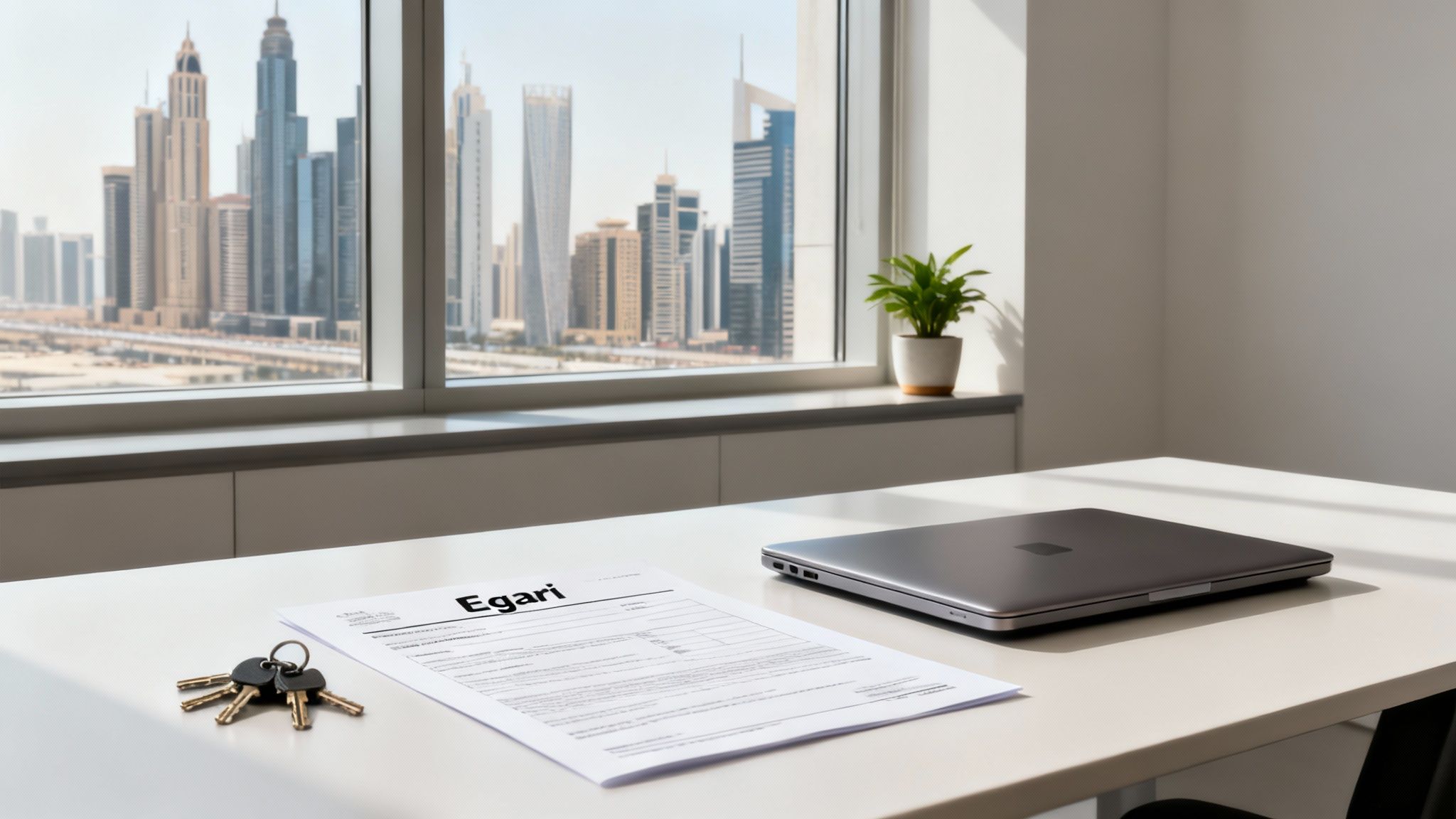 Modern office desk with a laptop, keys, and Egari document, overlooking the Dubai city skyline.