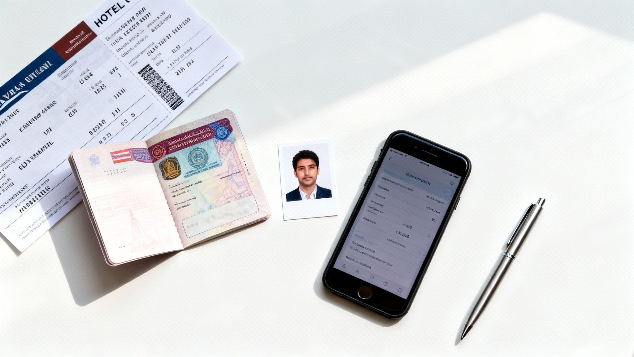 Flat lay of travel documents including a flight ticket, open passport, passport photo, smartphone, and pen on a white desk.