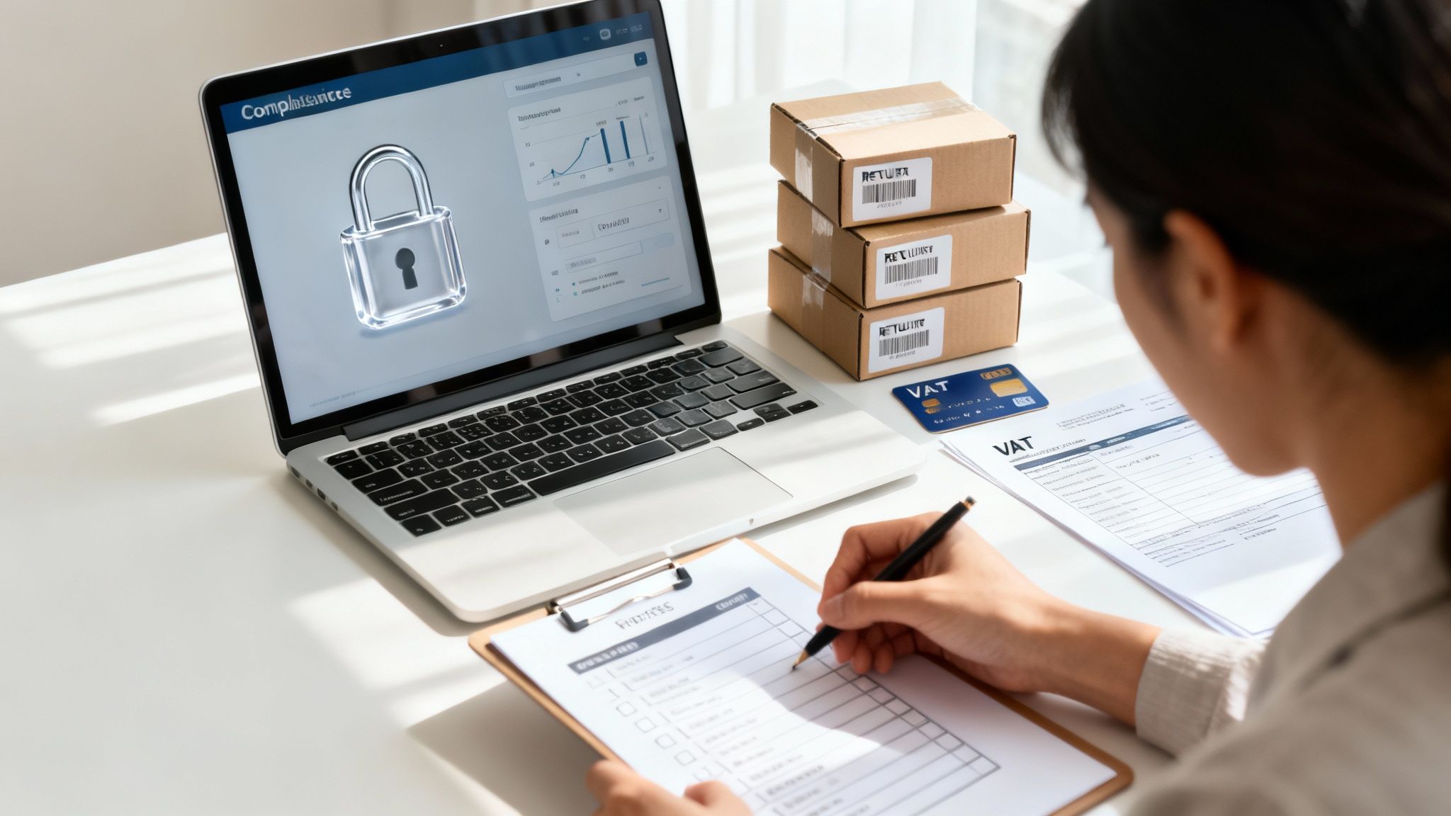 Person managing e-commerce compliance, reviewing VAT documents, with laptop displaying a security padlock and return packages.