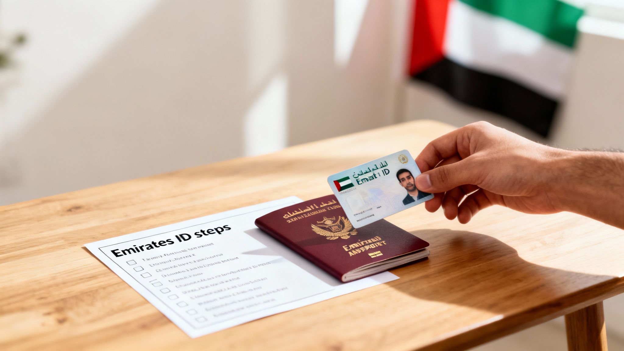 A hand holds an Emirates ID card above a passport and checklist on a wooden table, with a UAE flag.