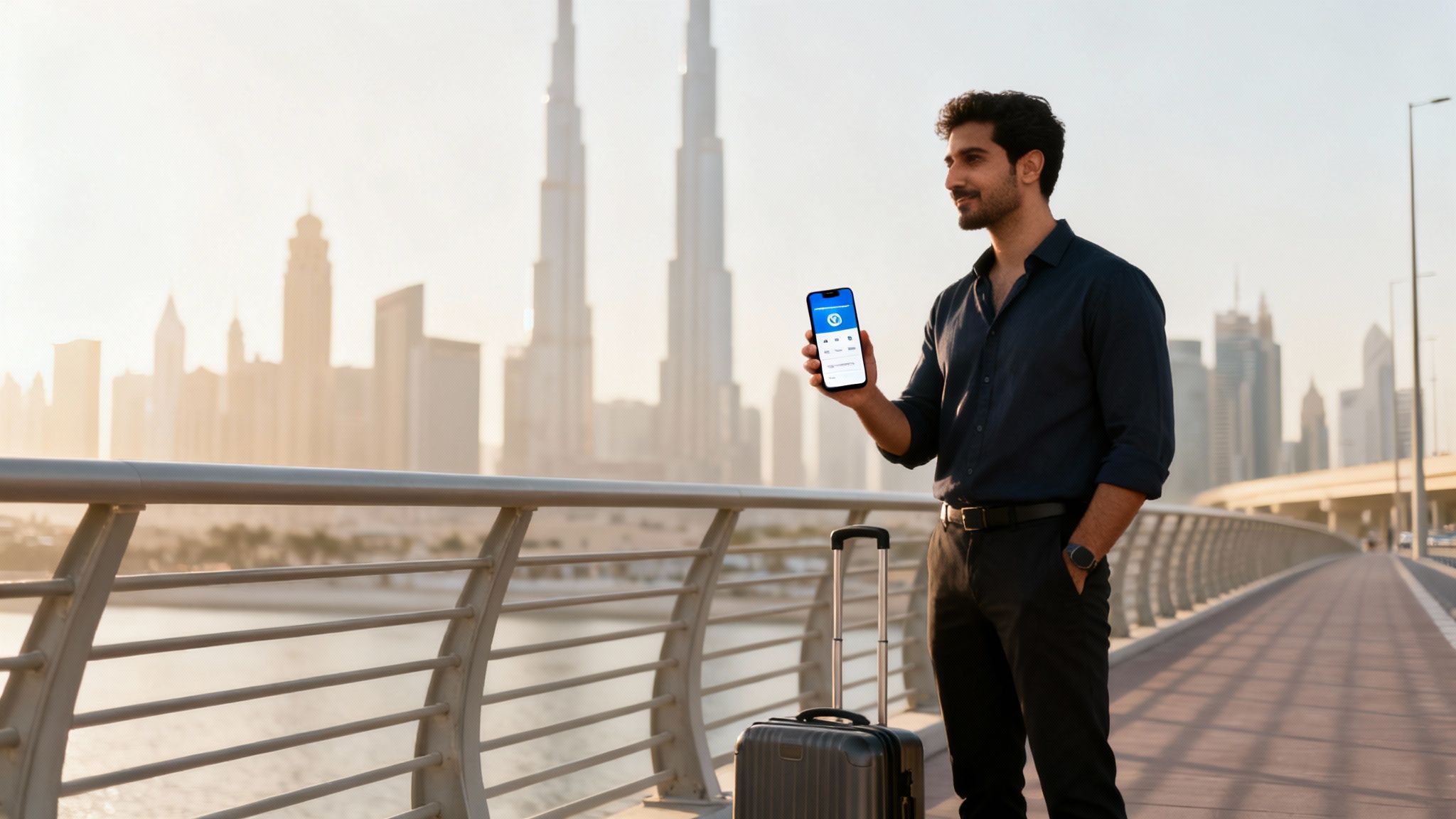 A man holding a phone with an app, standing with luggage on a bridge, overlooking the Dubai city skyline.
