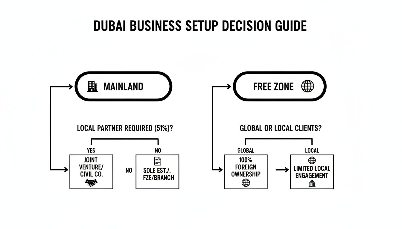 Flowchart illustrating the decision guide for setting up a business in Dubai mainland or free zones.