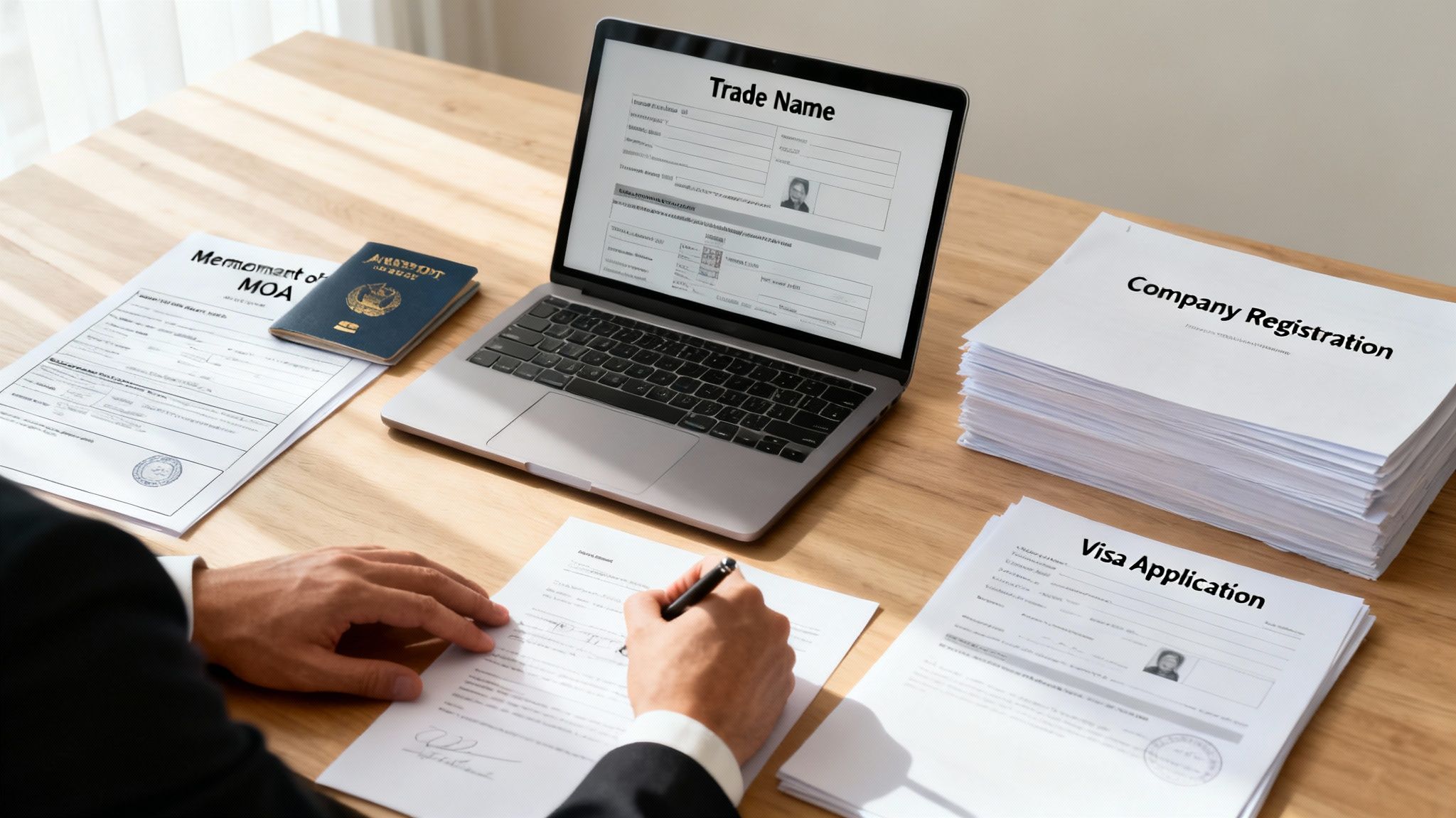 A person signs official business registration documents on a desk with a laptop, passport, and other forms.