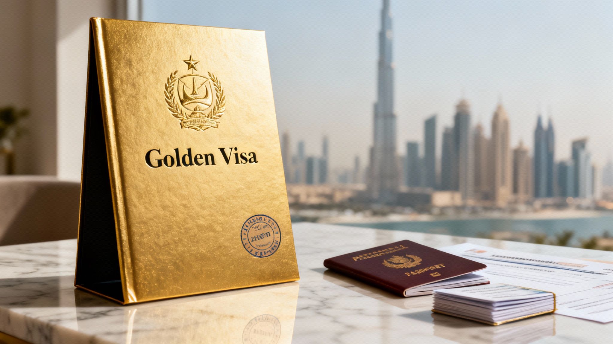 A golden 'Golden Visa' folder, passport, and documents on a marble table with Dubai cityscape in the background.
