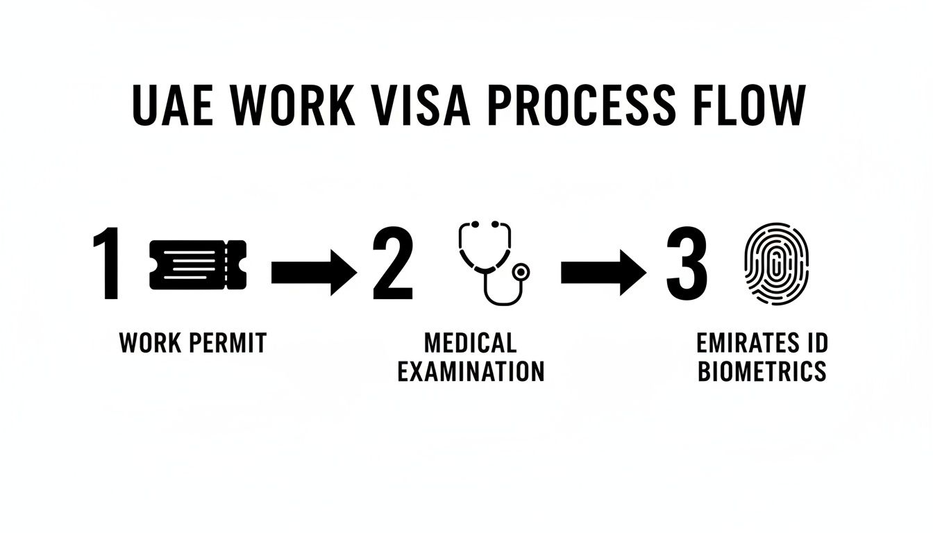 Flowchart illustrating the 3-step UAE work visa process: work permit, medical examination, and Emirates ID biometrics.
