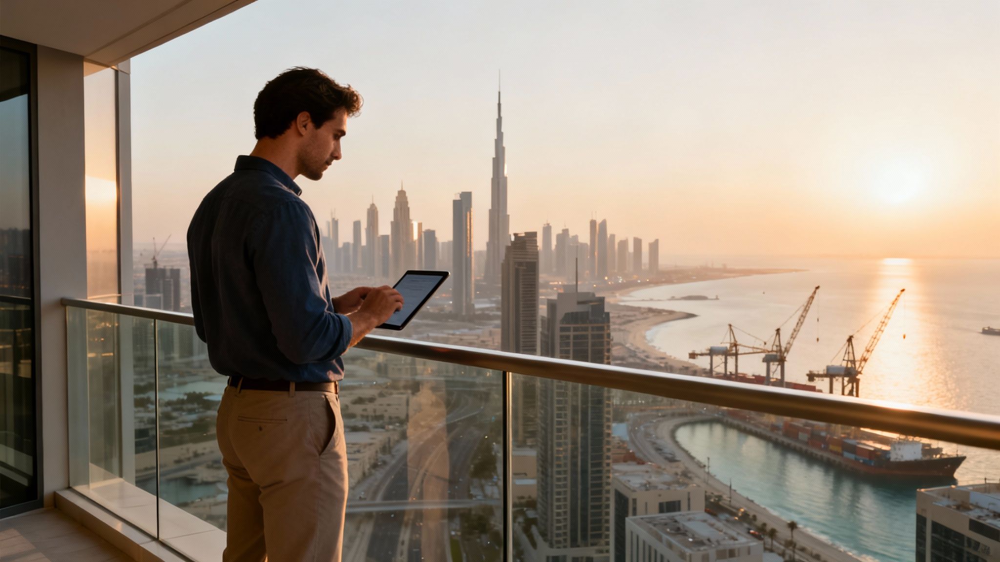 A man on a balcony uses a tablet, overlooking Dubai city skyline and harbor at sunset.
