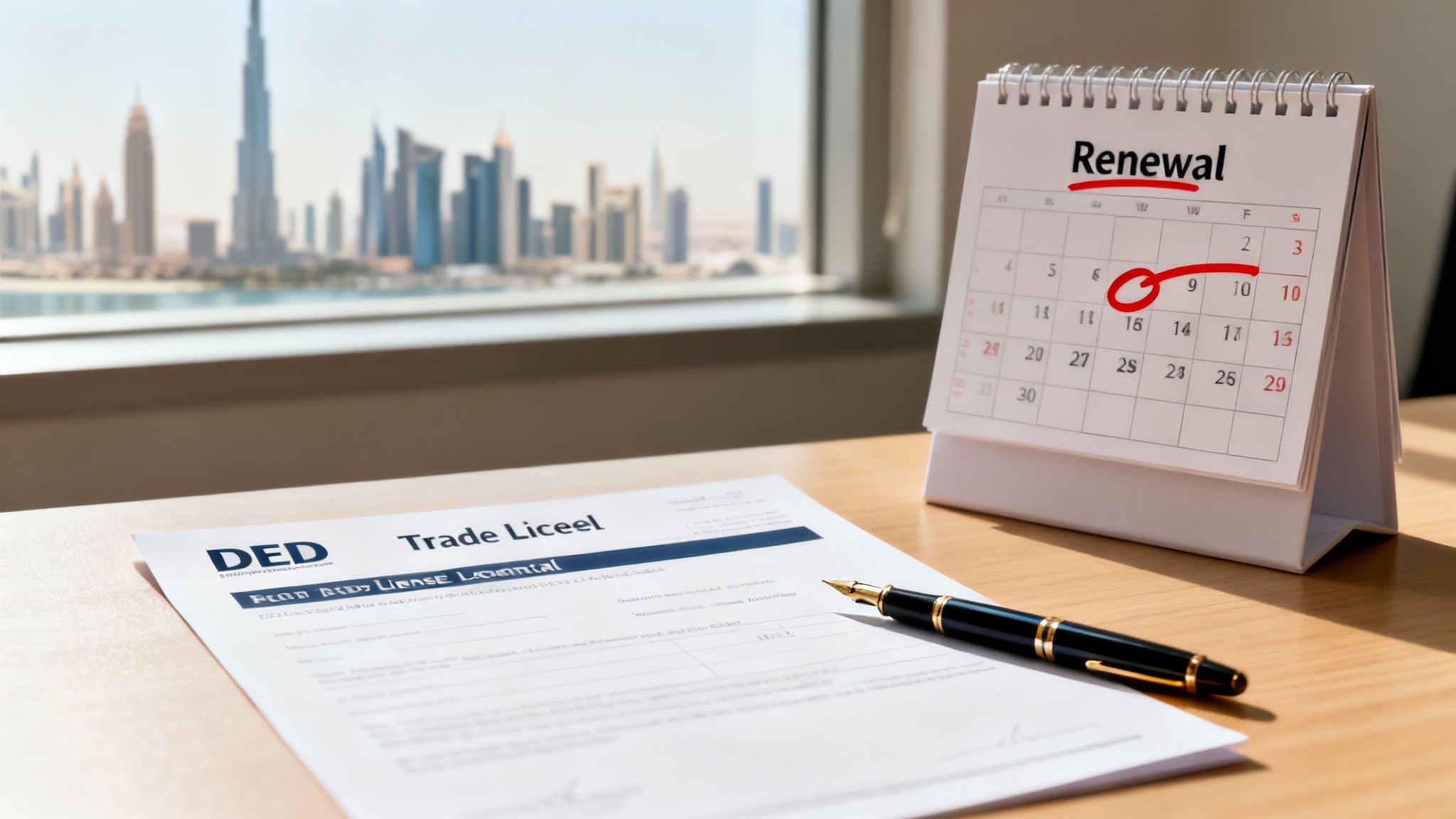 A DED Trade License renewal document, pen, and calendar showing 'Renewal' date, with Dubai city view.
