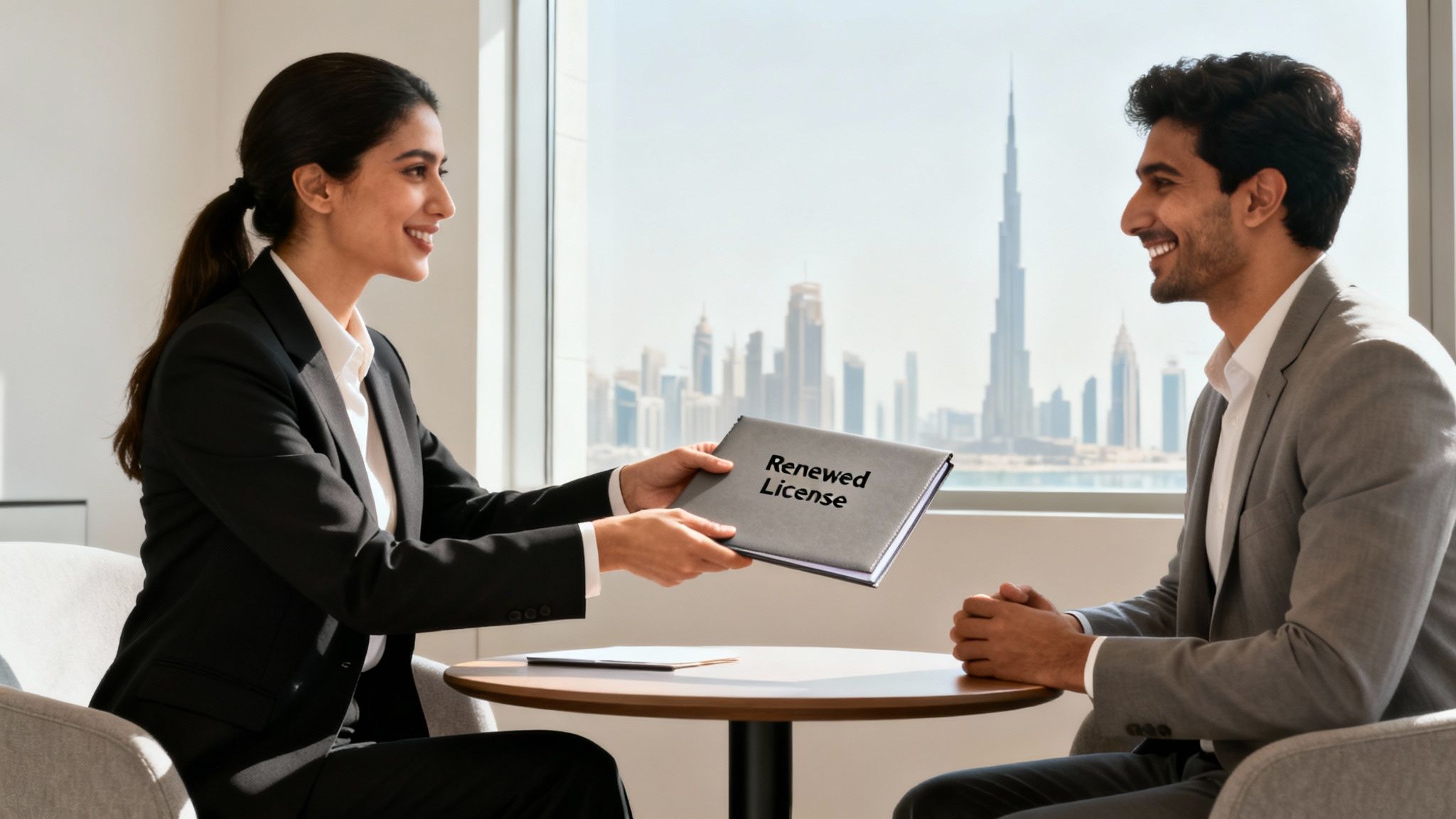 A businesswoman hands a "Renewed License" folder to a smiling male client in an office overlooking Dubai.