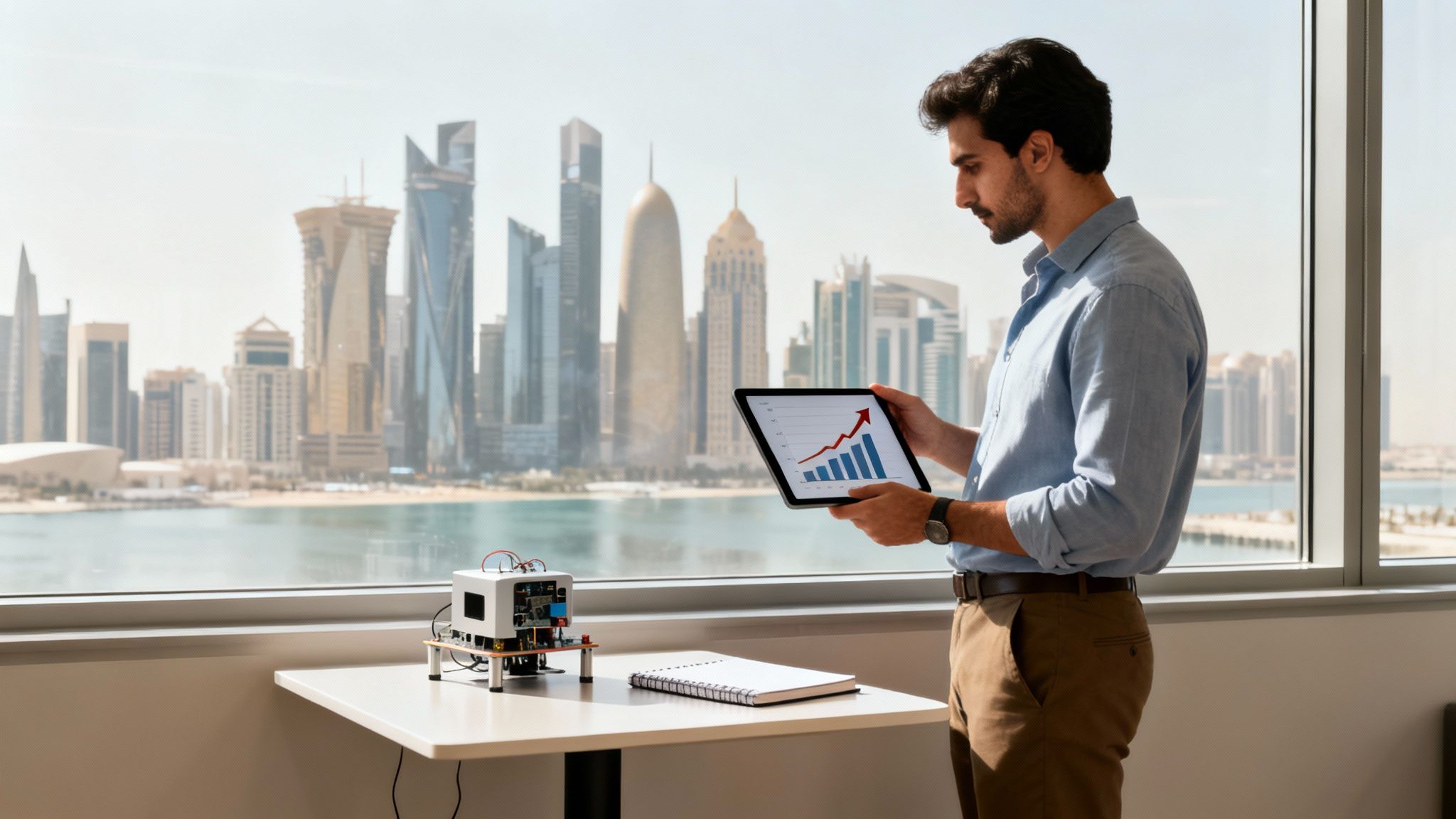 A man analyzes business growth data on a tablet, overlooking a modern city skyline with a tech device.
