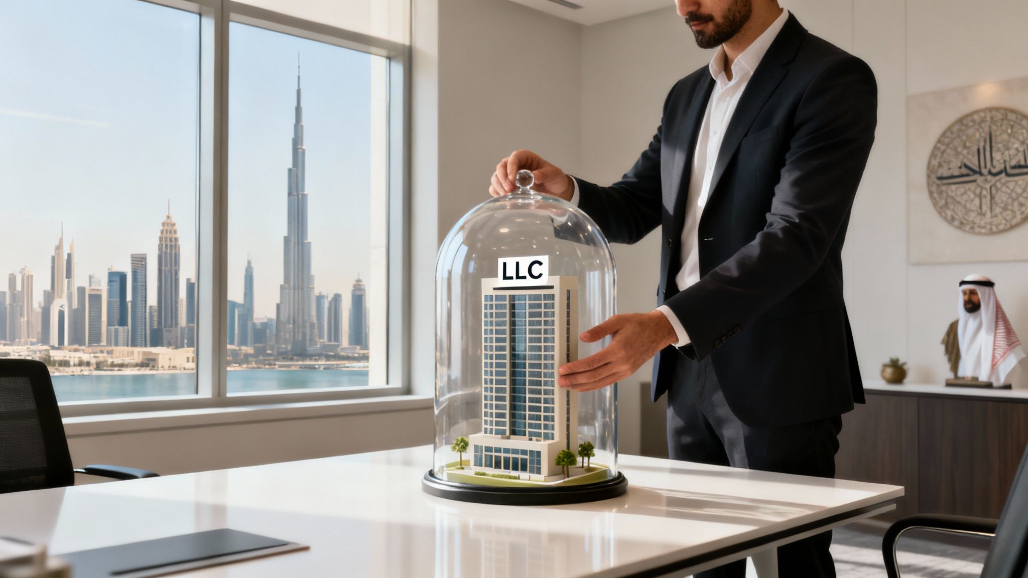 A man places a glass dome over an LLC building model, with the Dubai skyline in the background.