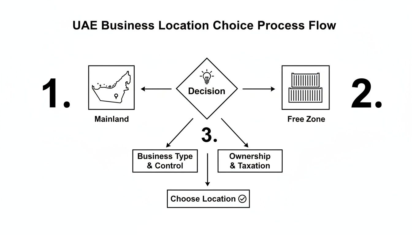 Flowchart illustrating the UAE business location choice process, considering mainland versus free zone options.