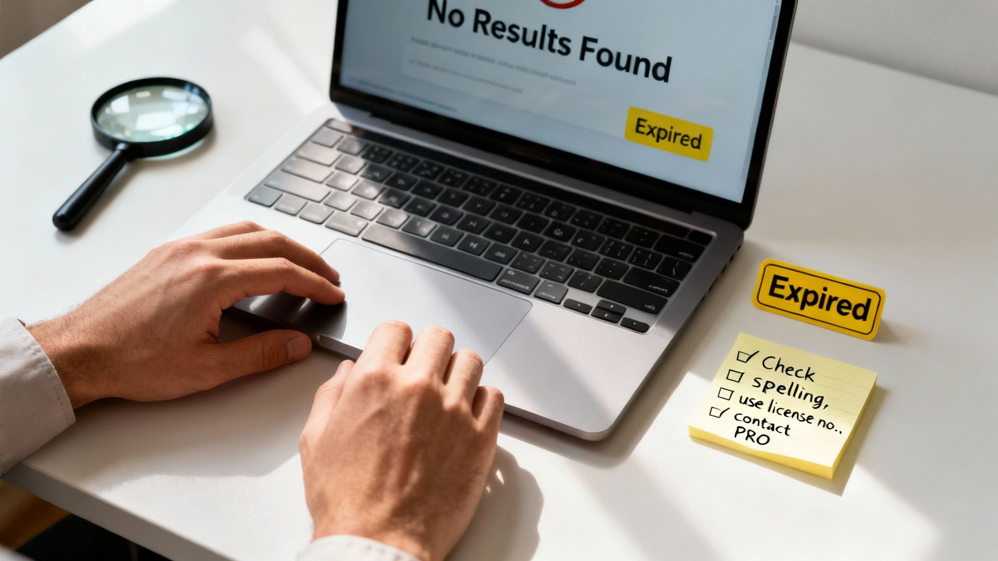 A person's hands on a laptop displaying 'No Results Found' and 'Expired' with a magnifying glass and notes.