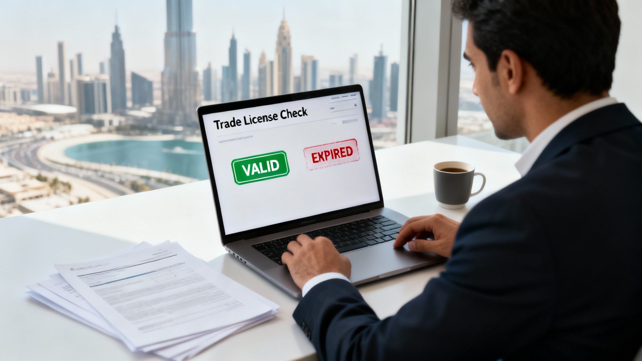 Businessman checking a trade license status online on a laptop with a stunning Dubai city view.